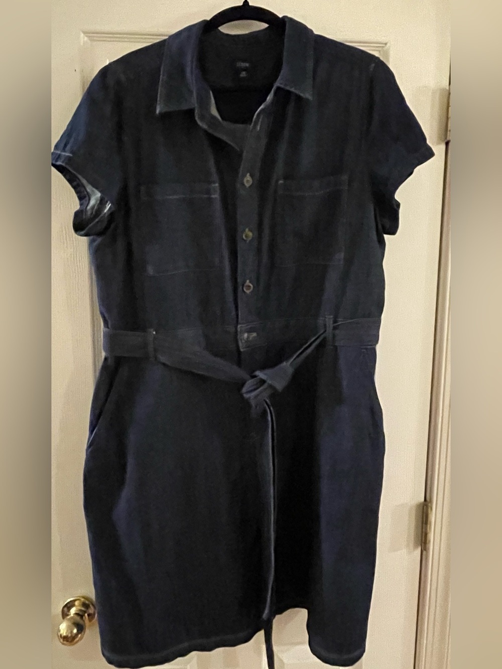 J. Crew Factory Navy Short-Sleeve Denim Shirt Dress with Self Tie